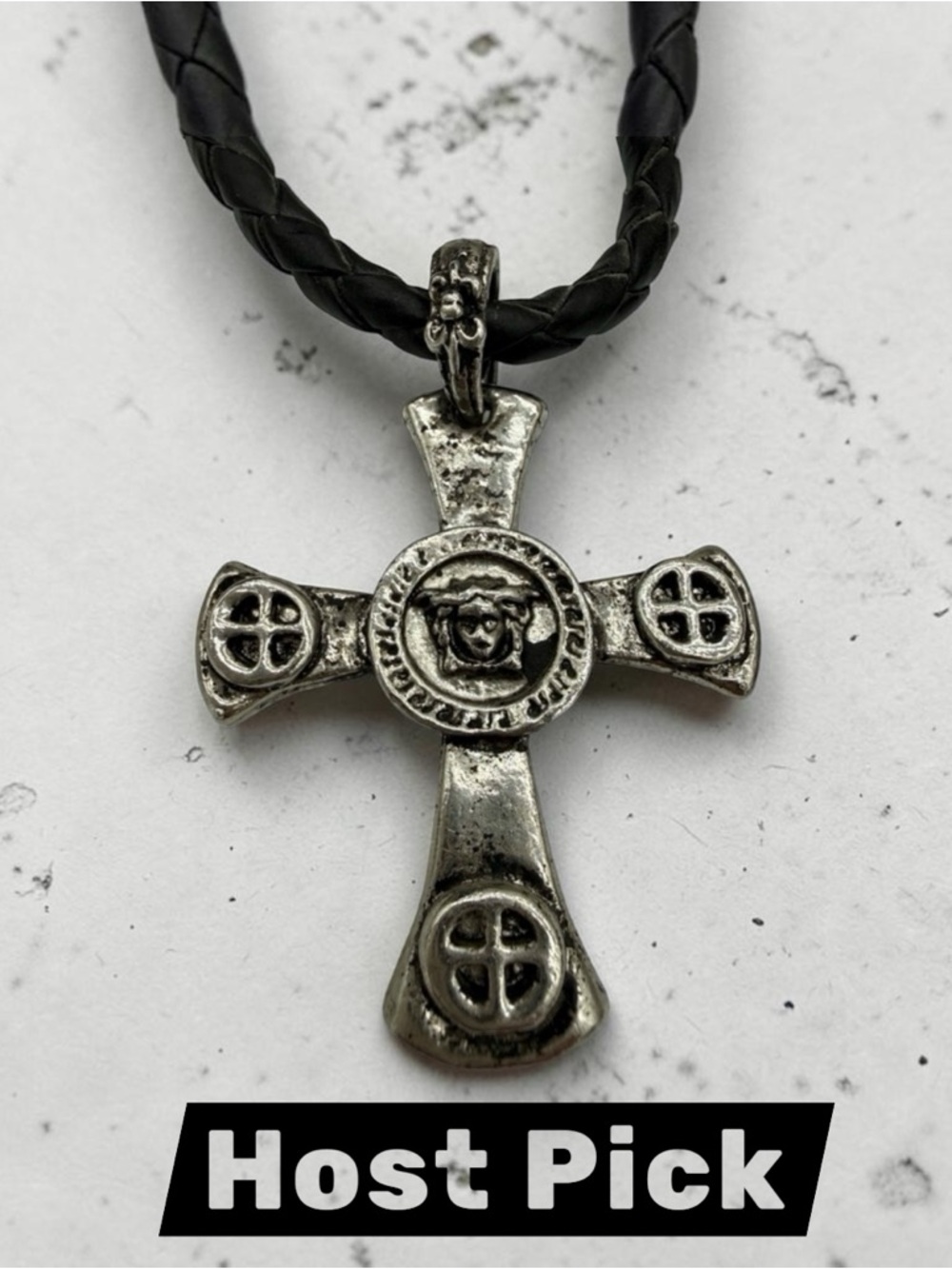 Silver Cross Pendant on Braided Leather with Eagle Head Clasp - Host Pick!